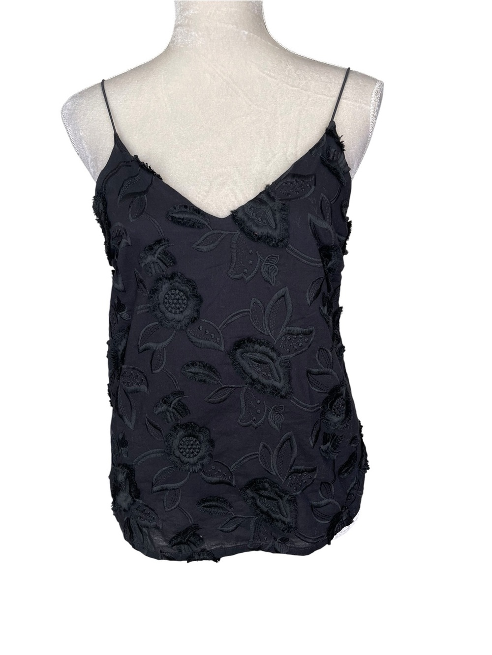Ophelia Roe Black Floral Appliqué Spaghetti Strap Women's Top Size S